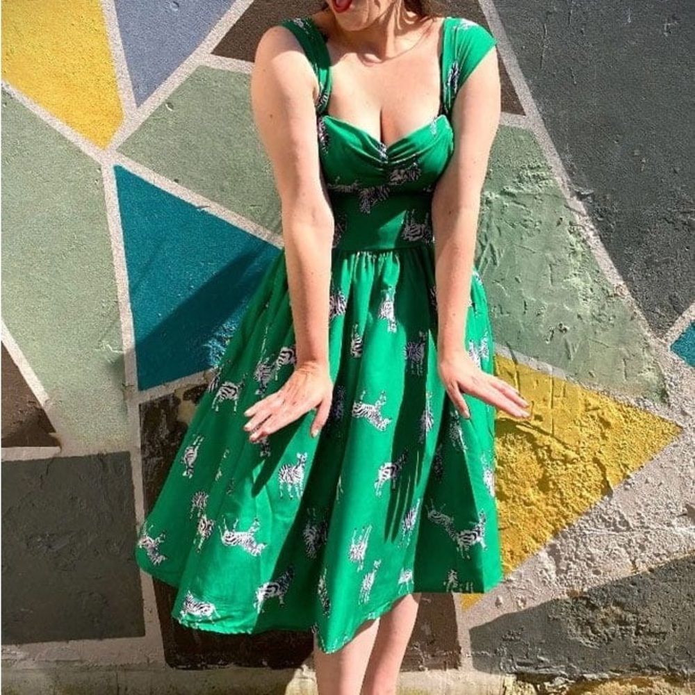 Unique Vintage Green Zebra Midi Dress